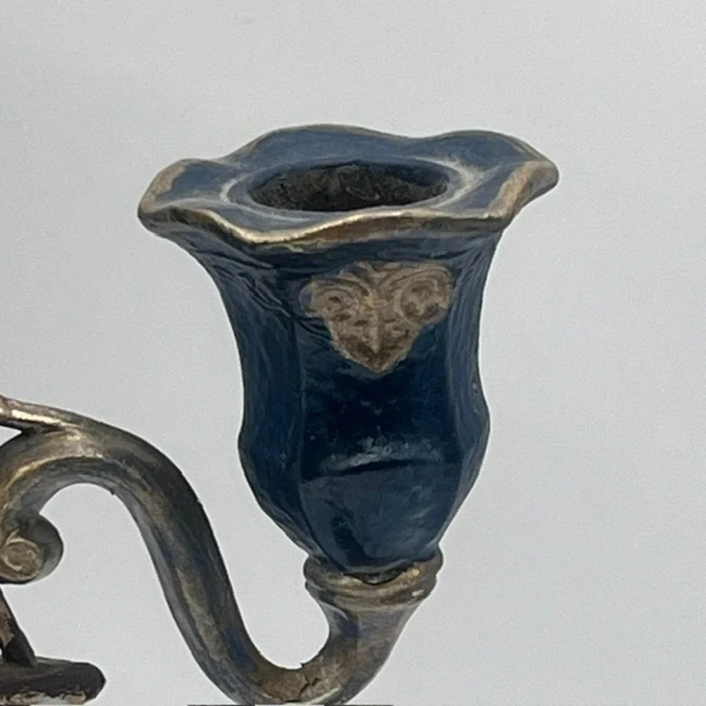 Vintage Nautical Sailing Ship Cast Metal Candelabra 3Arm Candle Holder Blue Gold